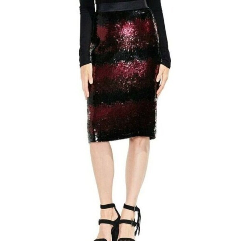 Vince Camuto Pencil Skirt Ombre Stripe Sequin Burgundy Black Lined NWT SZ 6